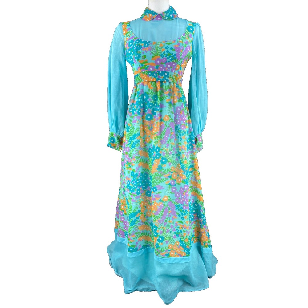 Vtg 60s MOD Maxi‎ Dress XS/S Chiffon Flower Power Psychedelic Hippie Gown Floral